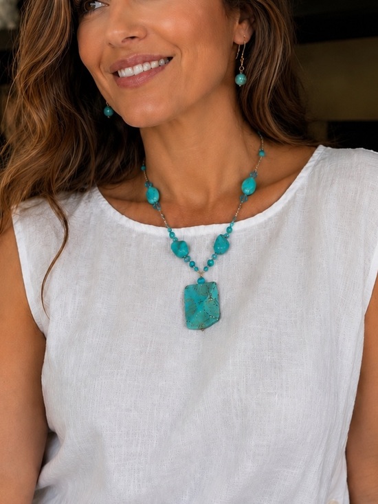 Jewelry - 2-piece Set - Turquoise Stone Pendant Necklace + Earrings